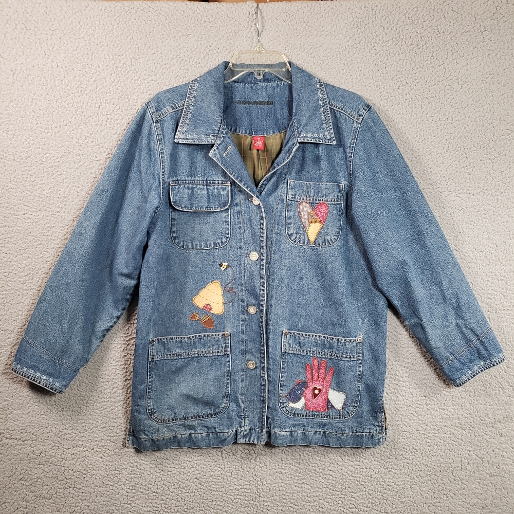90s Gloria Vanderbilt Denim Chore Coat Women S Embroidered Patchwork Cottagecore